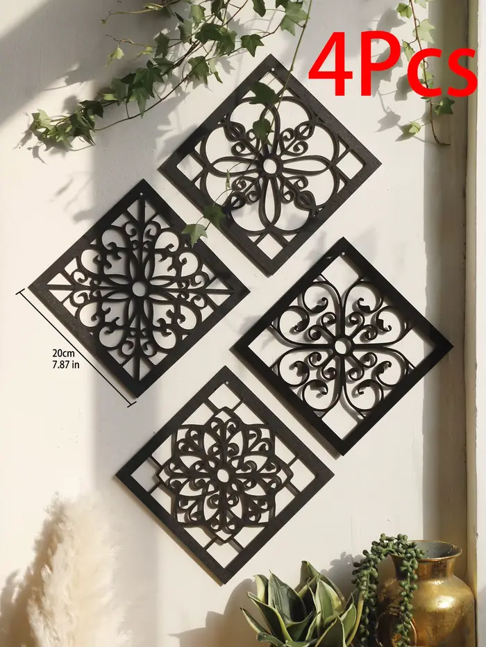 Décoration murale creuse en bois noir, 4 pièces, dessins sculptés, style Boho, décoration de maison,