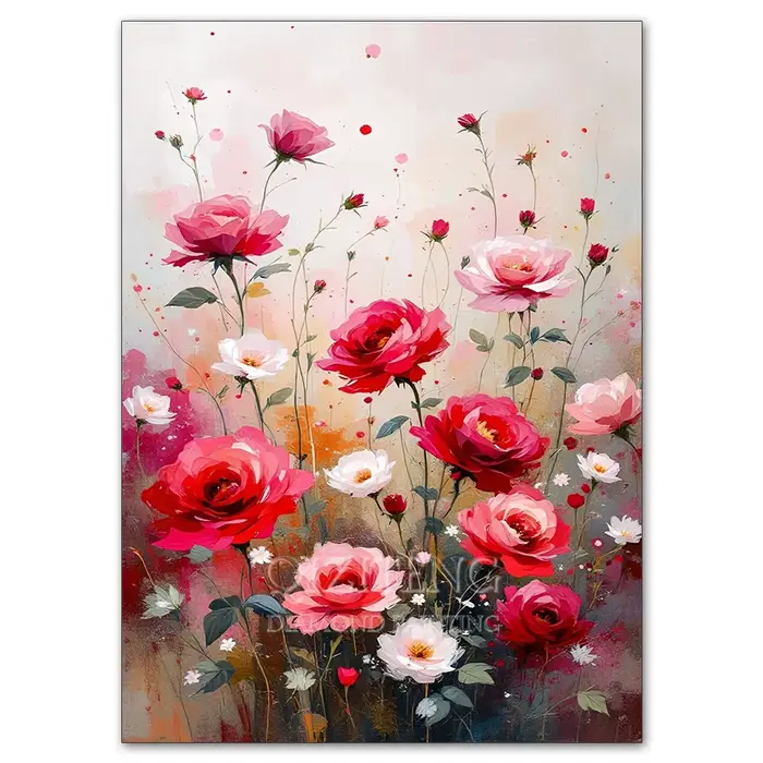 Peinture Diamant Champ de Fleurs de Coquelicot et de Rose, Paysage Floral Coloré, Broderie Mosaïque