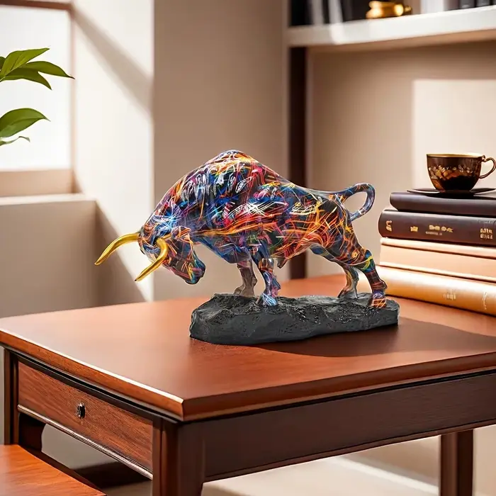 Statue de taureau en bronze élégante - Art en résine coloré inspiré de Wall Street