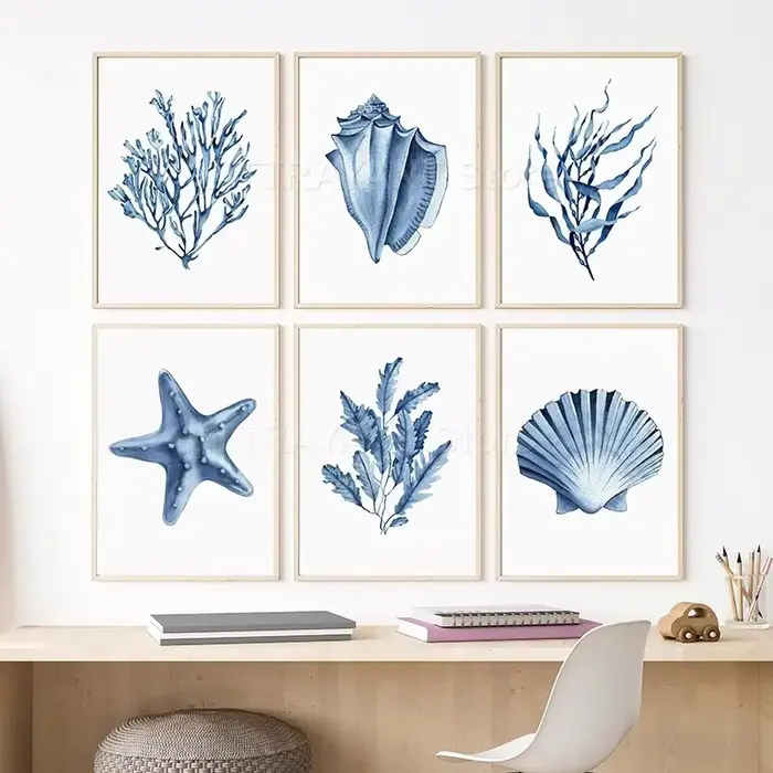 Aquarelle corail algues étoile de mer coquille conque bleu marine affiches imprime mur Art toile peinture photos pour salon décor