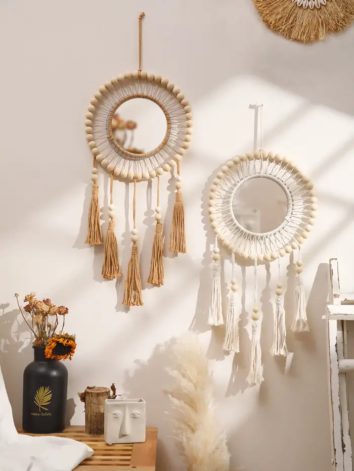 Miroirs décoratifs en perles de bois tissées à la main