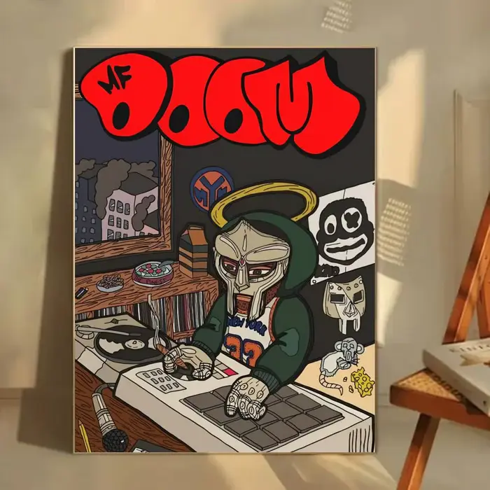 Affiche version bande dessinée du rappeur MF DOOM, autocollant mural HD imperméable, décoration de b