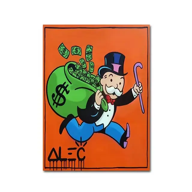 Décoration murale de dessin animé Orange, peinture Alec Monopoly Rich Man avec Dollars, sac d'argent