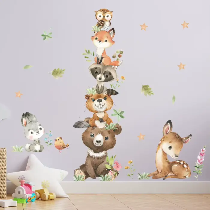 Dessin animé mignon Stickers muraux animaux de la forêt ours lapin aquarelle autocollant mural pour bébé pépinière