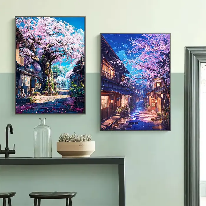 Affiche de Village de fleurs de cerisier japonais