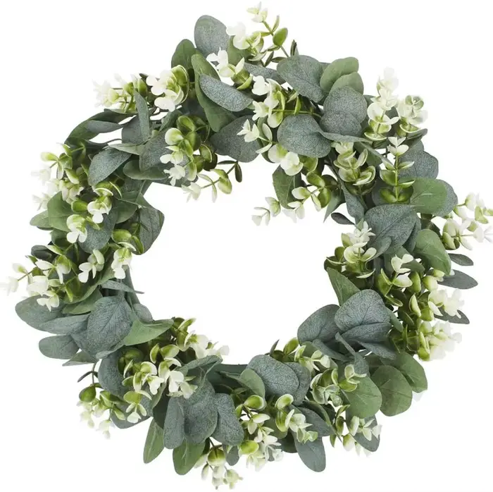 Couronne d'eucalyptus plantes artificielles, arrière-plan, mur, fenêtre, décoration de mariage, four