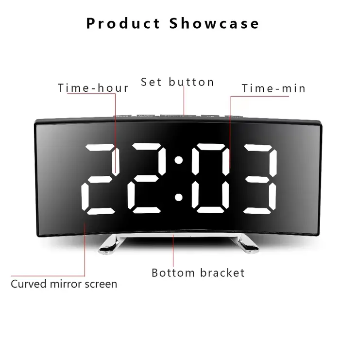 Horloge électronique incurvée créative, grand écran LED, batterie enfichable, réveil miroir à usage