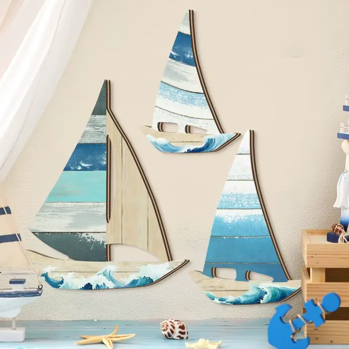 1 ensemble de décorations murales en bois en forme de voilier bleu style océan 2D, décoration murale