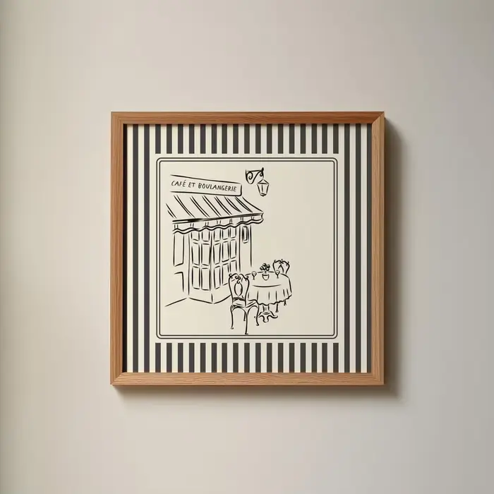 Impression de café français à rayures noires et blanches, illustration minimaliste, téléchargements numériques, impression artistique, idée cadeau, esthétique
