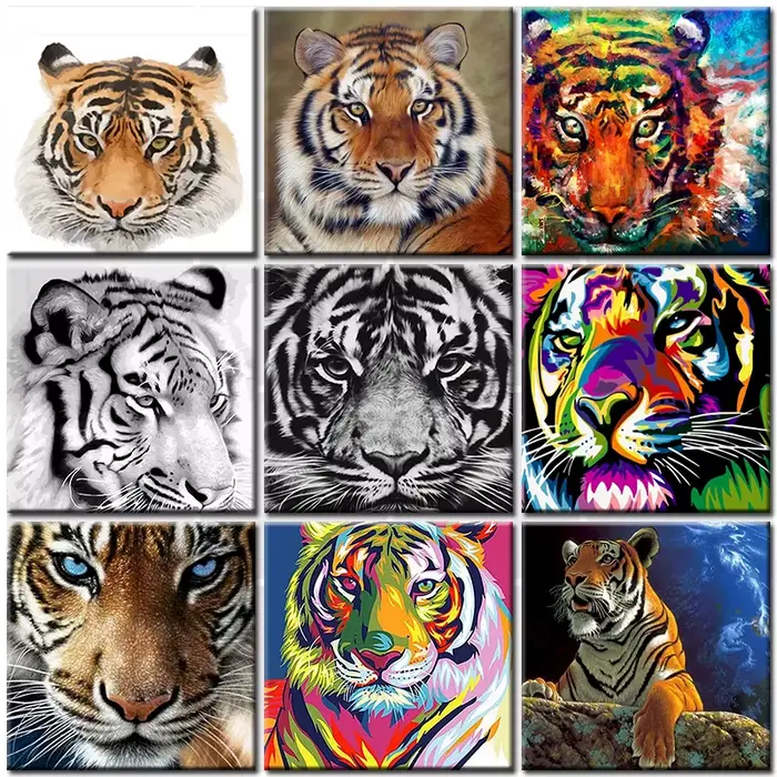Peinture par numéros bricolage tête de tigre noir et blanc