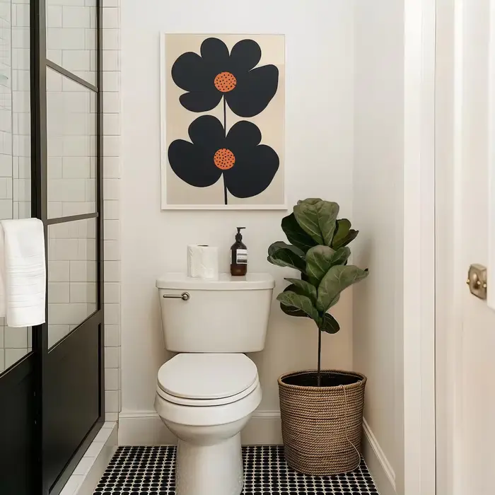 "Imprimé d'art floral minimaliste moderne du milieu du siècle : design double fleur noir audacieux avec des centres de