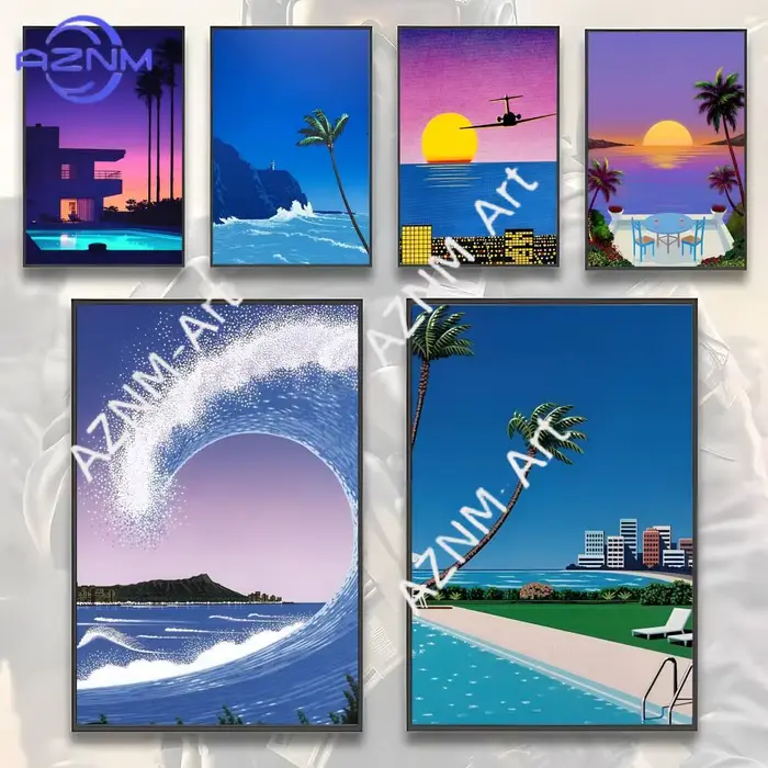 Hiroshi Nagai Vaporwave Japan Beach Painting Calligraphy HD Canvas Poster décoration esthétique pour salon