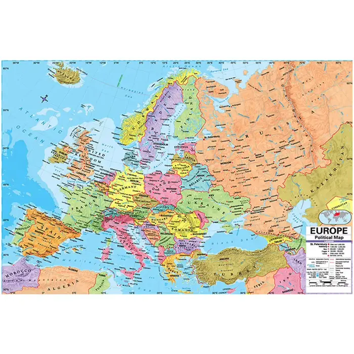 Affiche de carte de l'europe en anglais avec détails