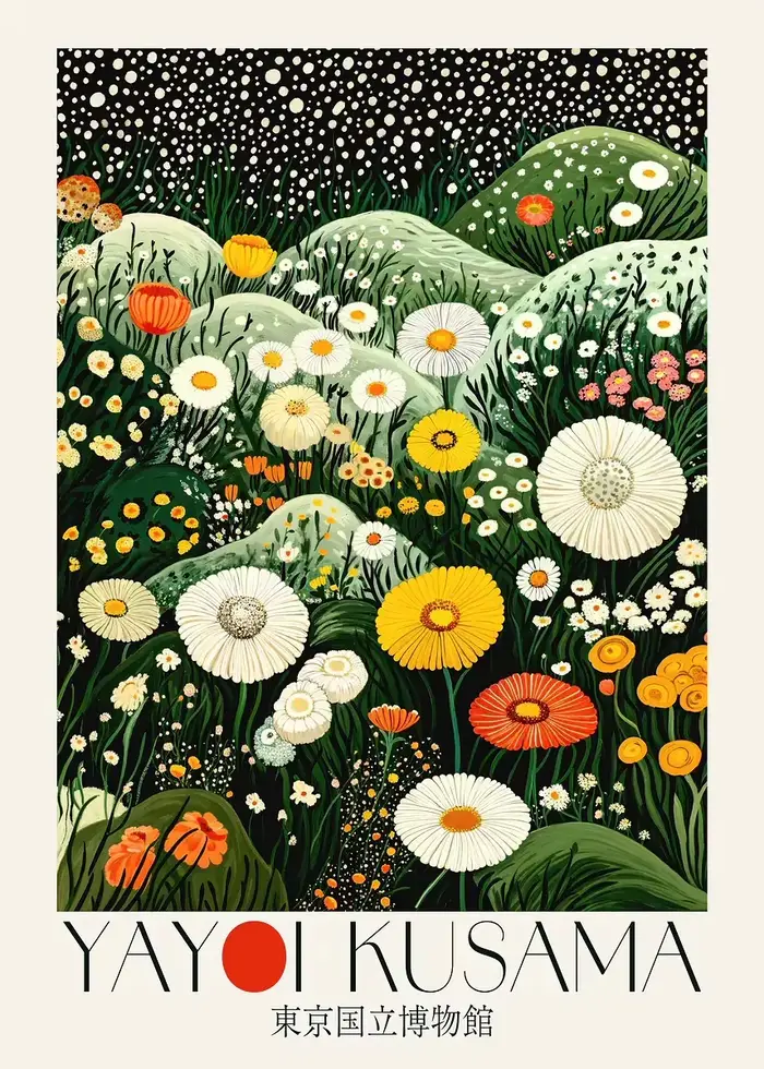 Affiche de musée botanique de Tokyo inspirée du Yayoi Kusama japonais, illustration florale colorée,