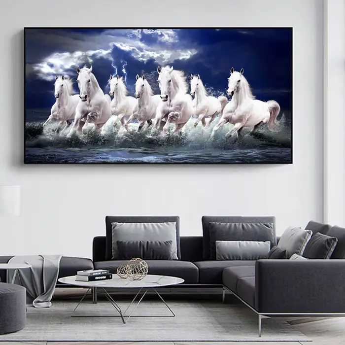 Toile de 7 chevaux de course blancs