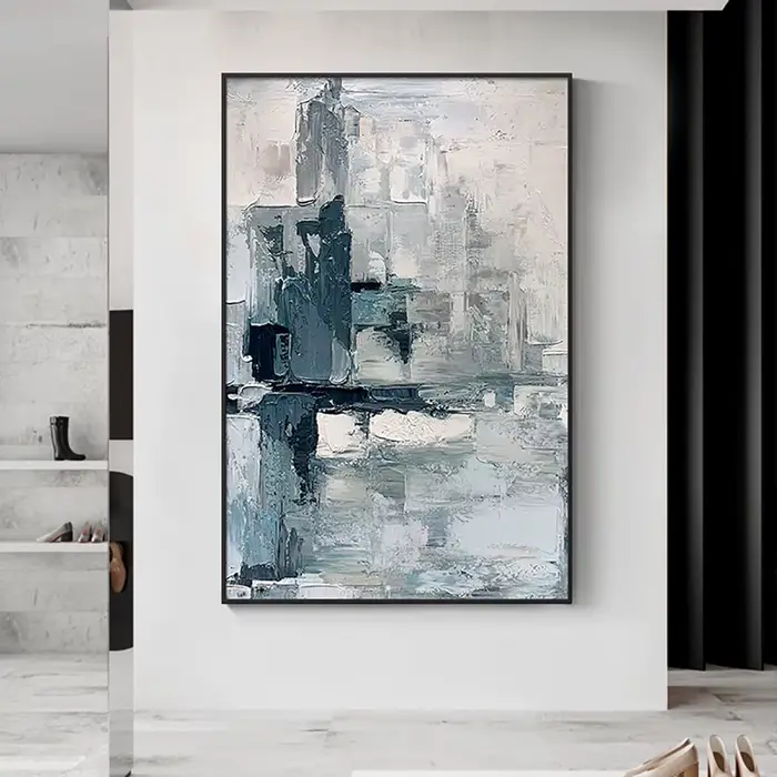Grande optique peinte à la main Bergame peinture à l'huile bleu abstrait mur Art