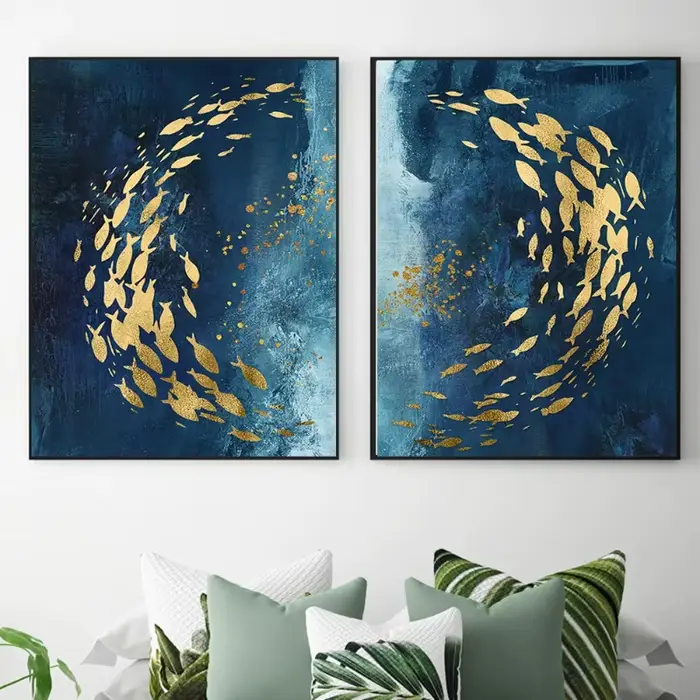 Toile de peinture abstraite de poisson doré et bleu