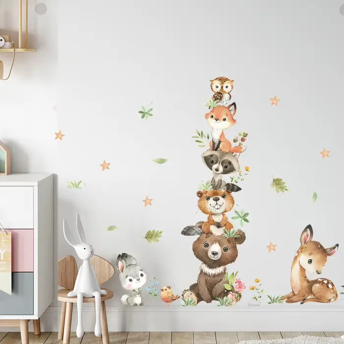 Dessin animé mignon Stickers muraux animaux de la forêt ours lapin aquarelle autocollant mural pour bébé pépinière