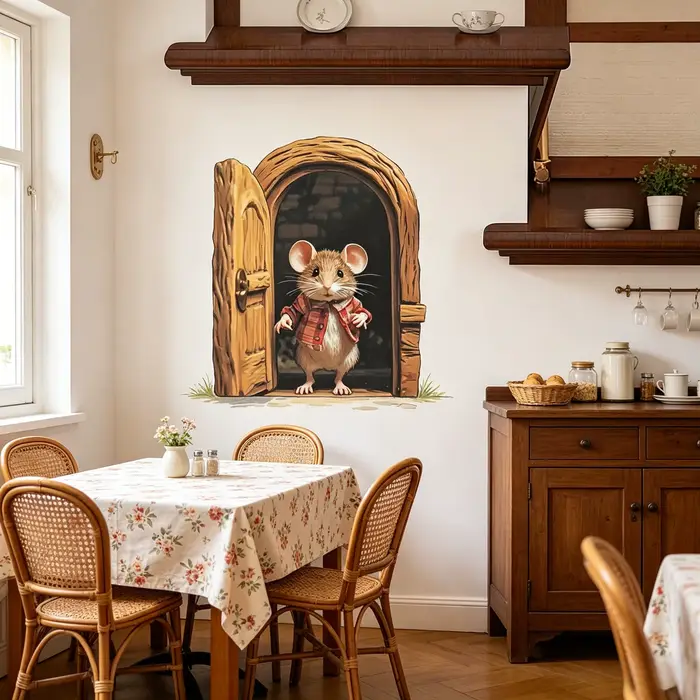 Autocollant Mural Souris Mignonne qui Ouvre la Porte