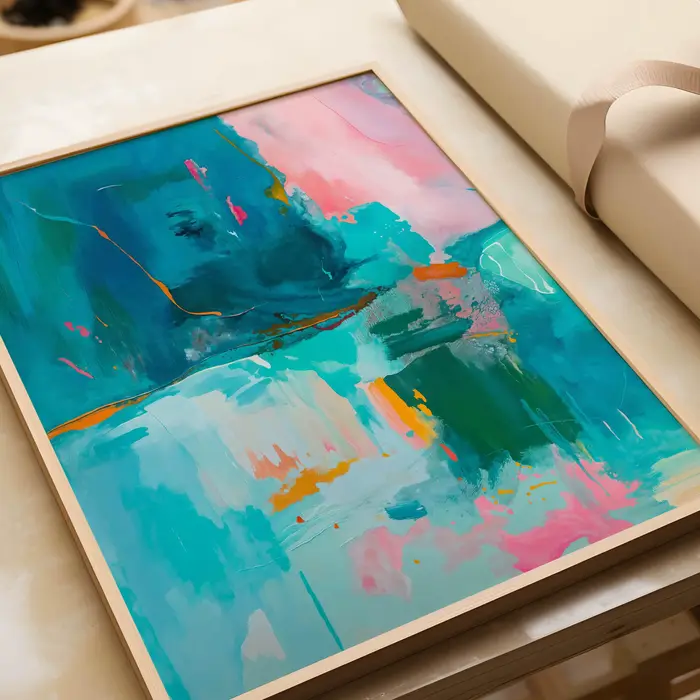 Ensemble de 2 impressions d'art abstrait rose et turquoise vives et colorées