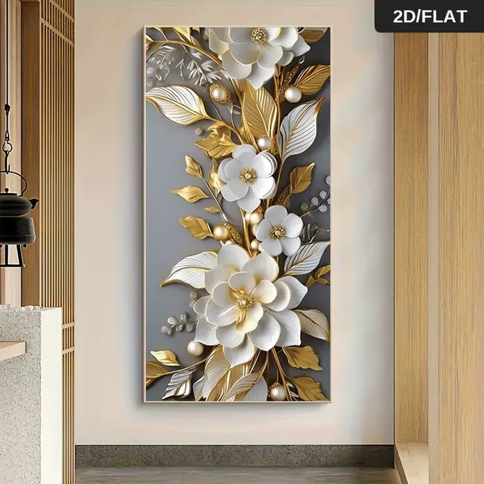 1 peinture sur toile moderne et luxueuse avec des fleurs dorées et blanches