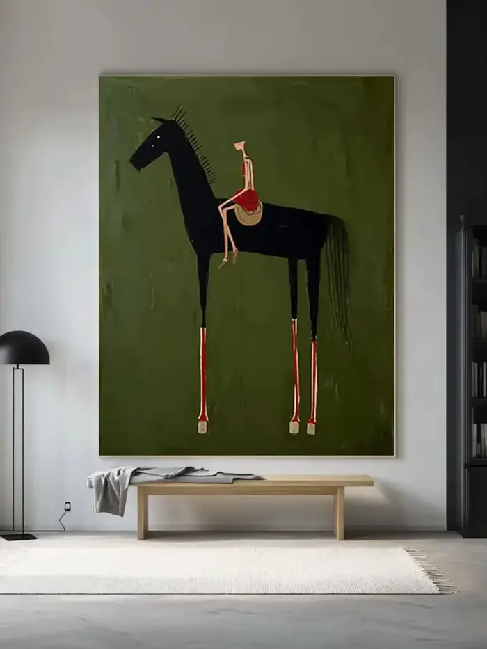 Peinture d'art équestre neutre pour la décoration intérieure, grande toile verte minimaliste, peintu
