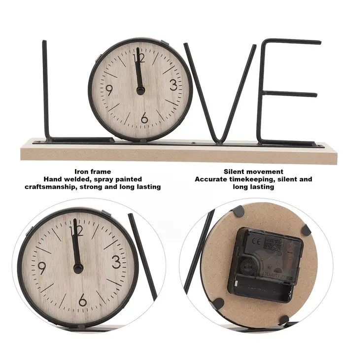 1Pc étagère de bureau horloge bois fer Art à piles moderne décoratif lettre Table horloge ornement pour salon salle à manger