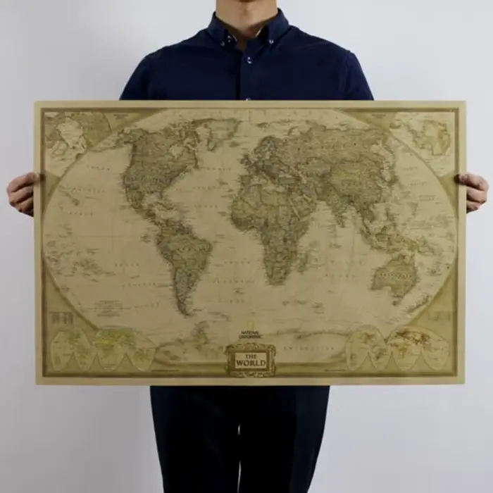 Affiche carte du monde en papier kraft, style vintage, rétro, 71x46.5cm (28x18 pouces), décoration d