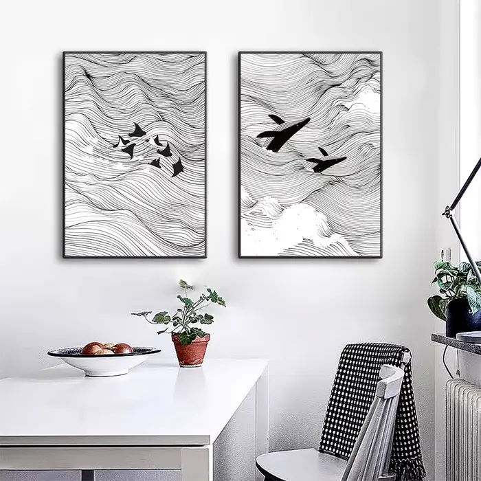 Tableaux d'art linéaire sur toile avec motifs vagues
