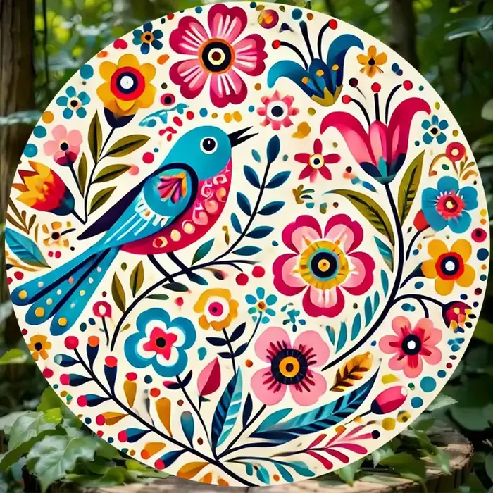 Art mural rond oiseau et fleur coloré 2D | Impression en aluminium, décor résistant à la décolora