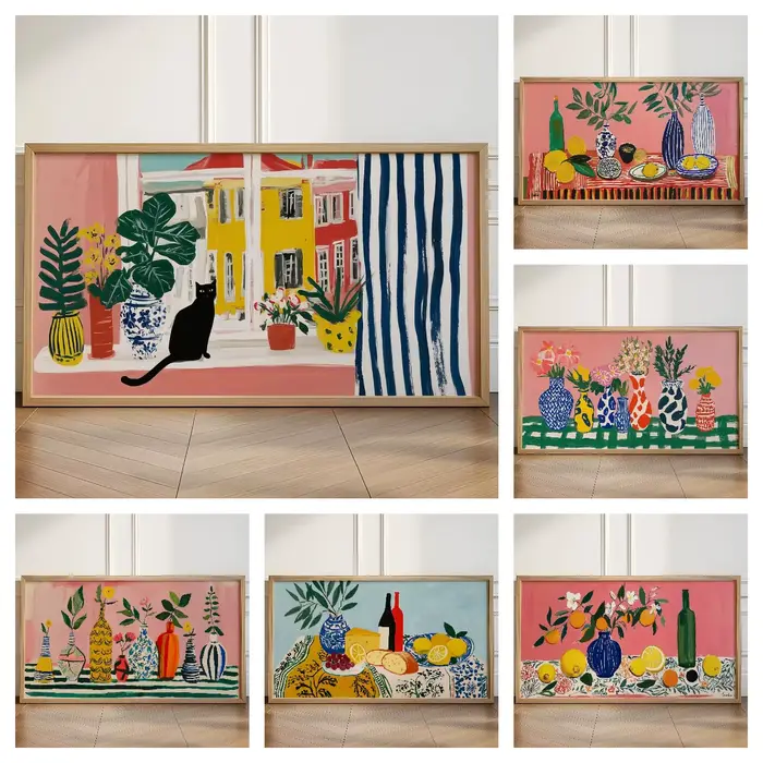 Série Matisse, toile murale abstraite avec chat noir et fleurs colorées dans un vase