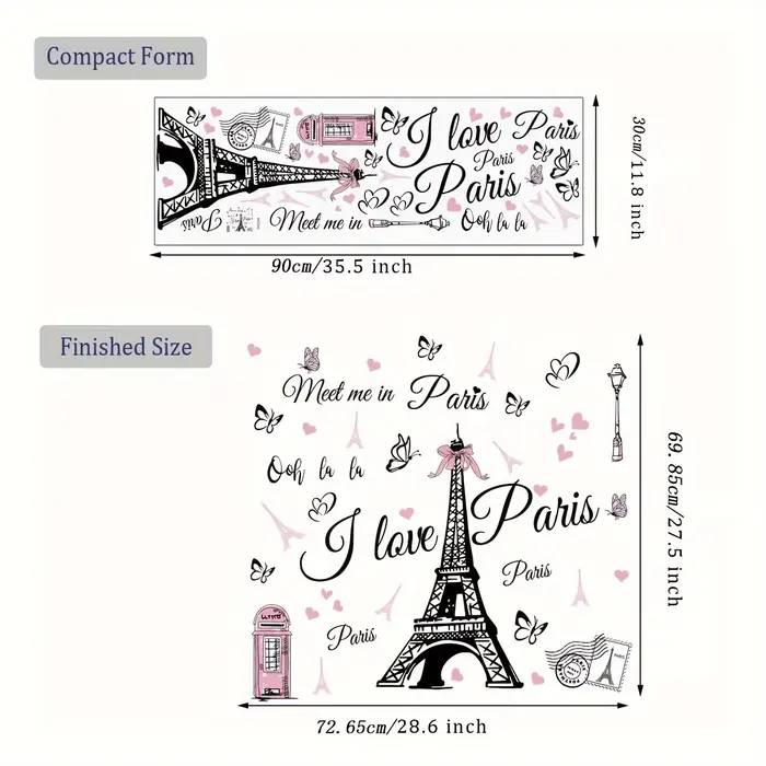 1 autocollant mural auto-adhésif romantique « I Love Paris » de la tour Eiffel de Paris, adapté pour