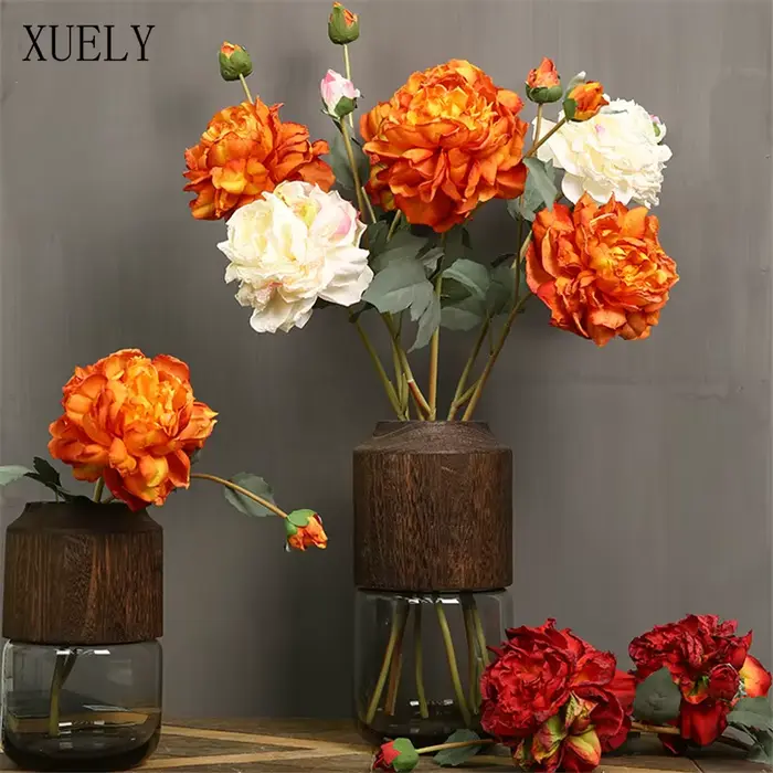 Luxe longue branche peinture à l'huile pivoine Rose fleurs en soie
