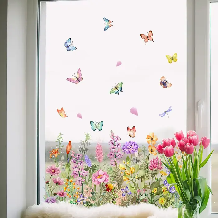 Autocollant mural électrostatique coloré papillon fleur stickers muraux décoration de la maison fenêtre verre autocollants INS bricolage chambre décor