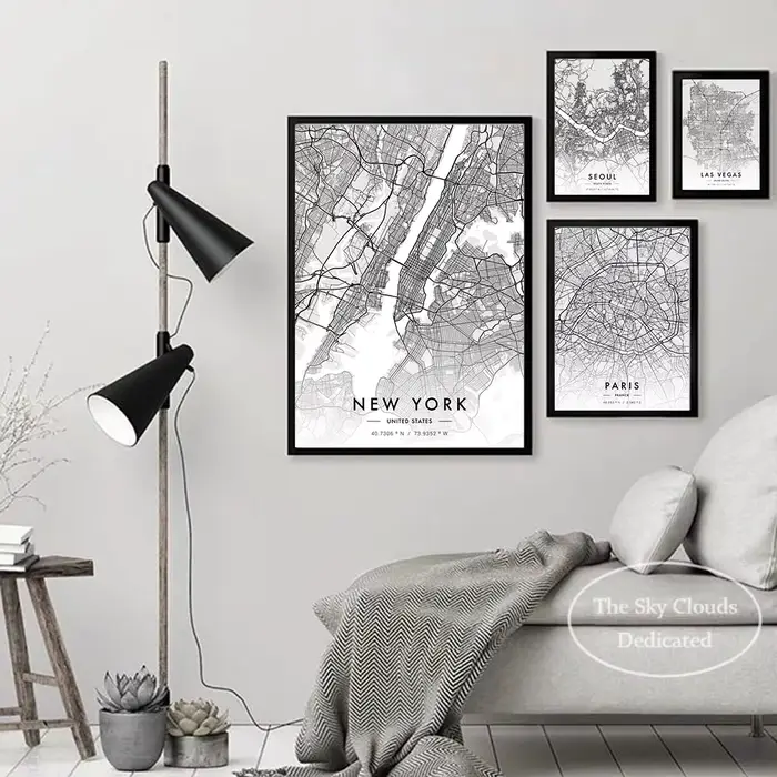 Carte de ville Paris New York toile peinture affiche HD imprimé noir et blanc