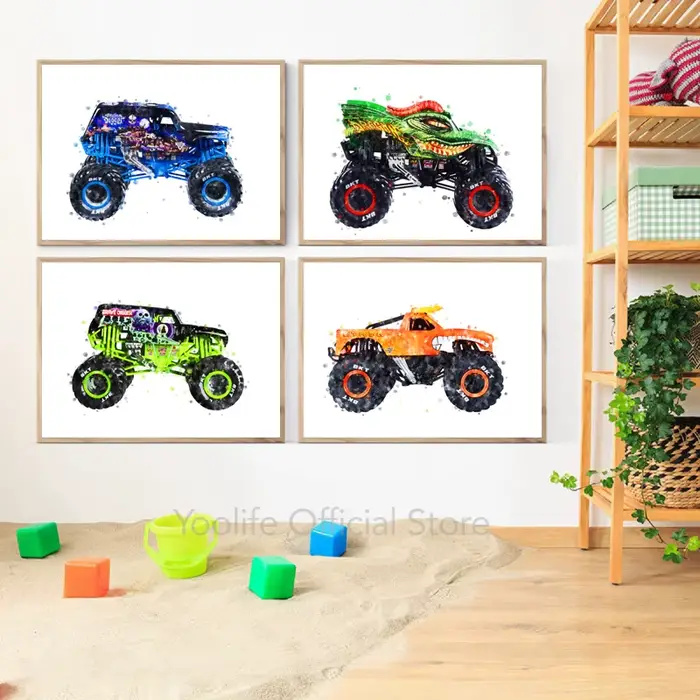 Peinture d'art aquarelle de dessin animé Monster Truck, toile imprimée, affiches nordiques modernes, cadeaux pour garçons, décoration de chambre d'enfants, images