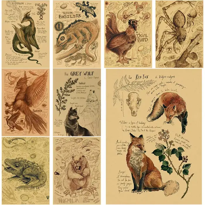 Affiches rétro Dragon//renard/chien/loup/oiseau/ours
