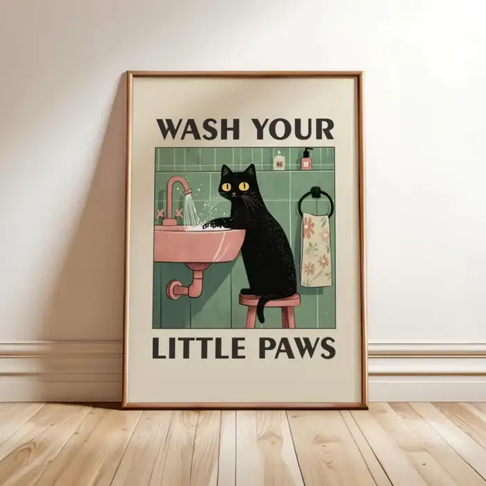Affiche imprimée sur toile avec Illustration de chat «lavage vos pattes», imprimés d'art d'animaux m