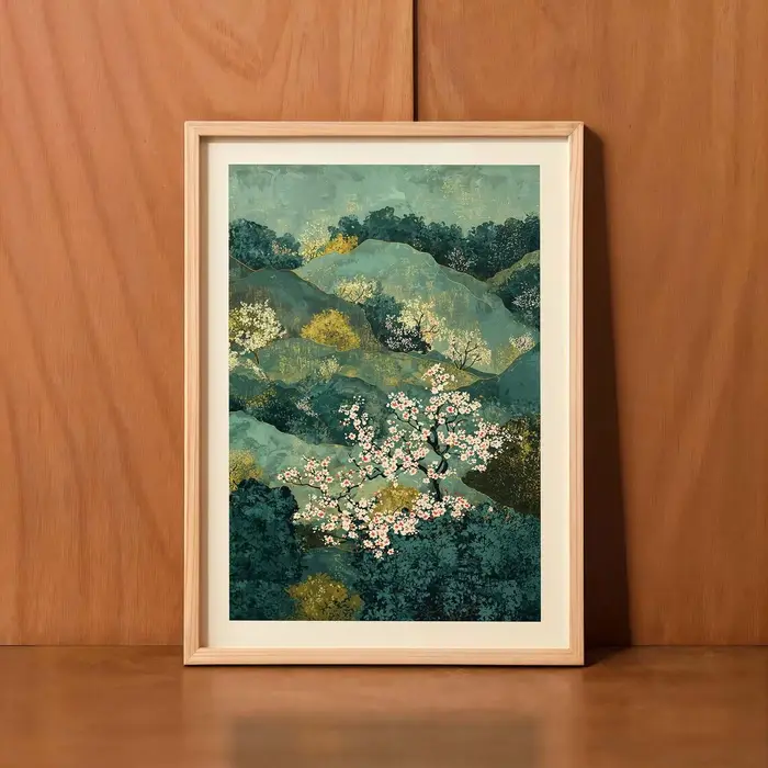 Art mural de paysage oriental serein - Impression peinturée luxurante d'une vallée fleurie alliant d