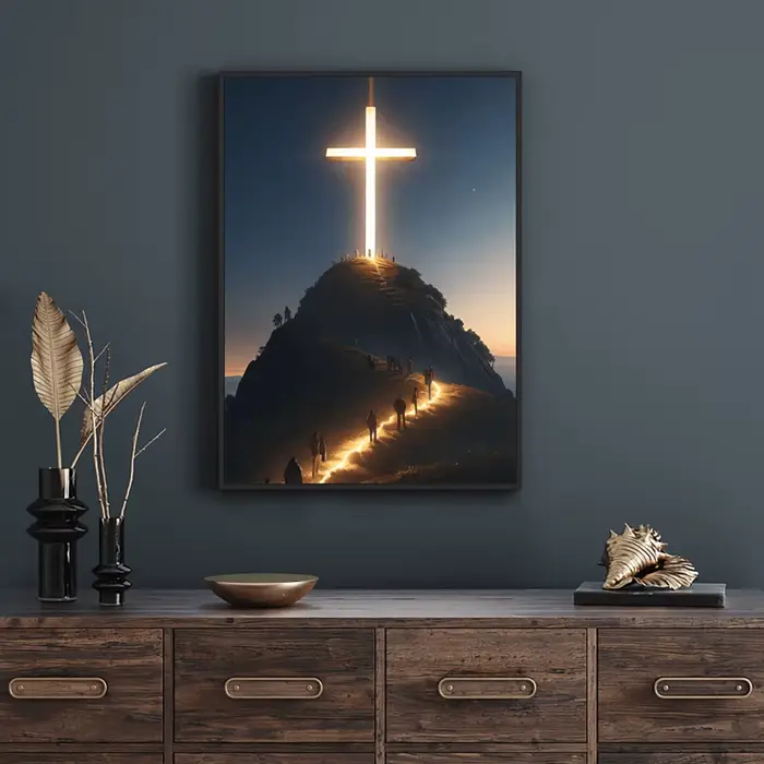 Peinture sur toile de croix chrétienne moderne sur le dessus de la montagne