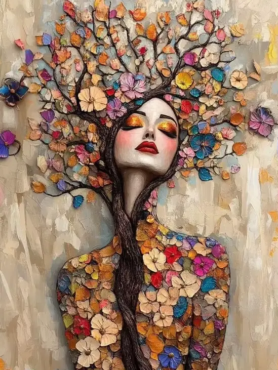 Peinture sur toile style Gustav Klimt, mosaïque Arbre de Vie, déesse des fleurs, affiche d'art flora