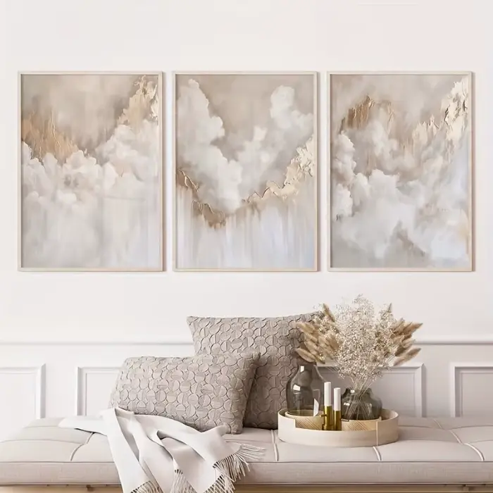 Lot de 3 impressions triptyques d'art beige