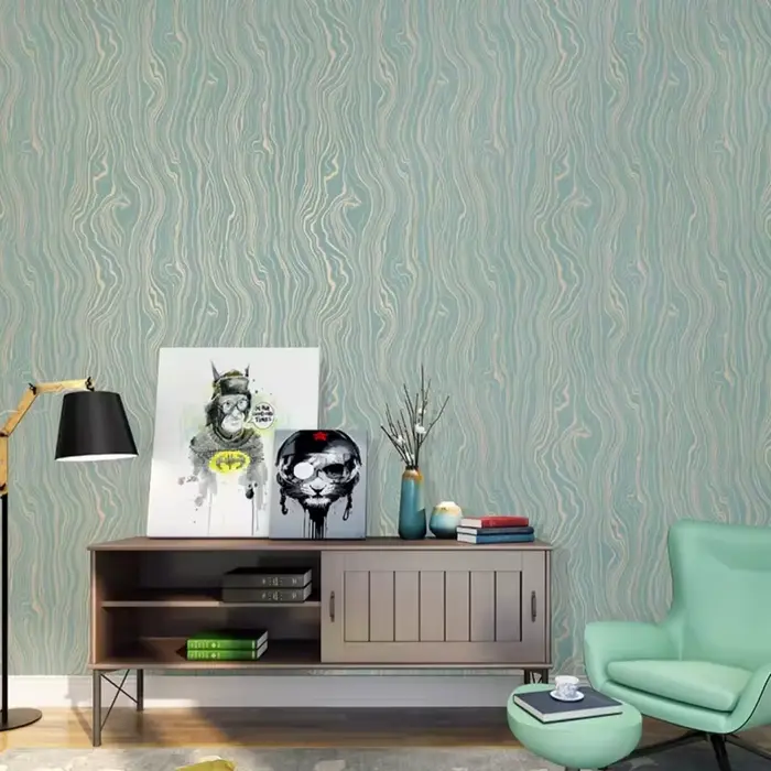 Papier peint nordique vert clair doré avec ondulation de l'eau