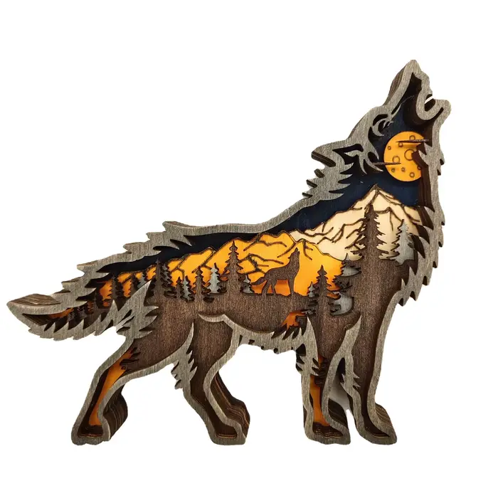 Sculpture sur bois 3D, forêt creuse, Animal loup, décoration murale pour la maison, adaptée à la déc