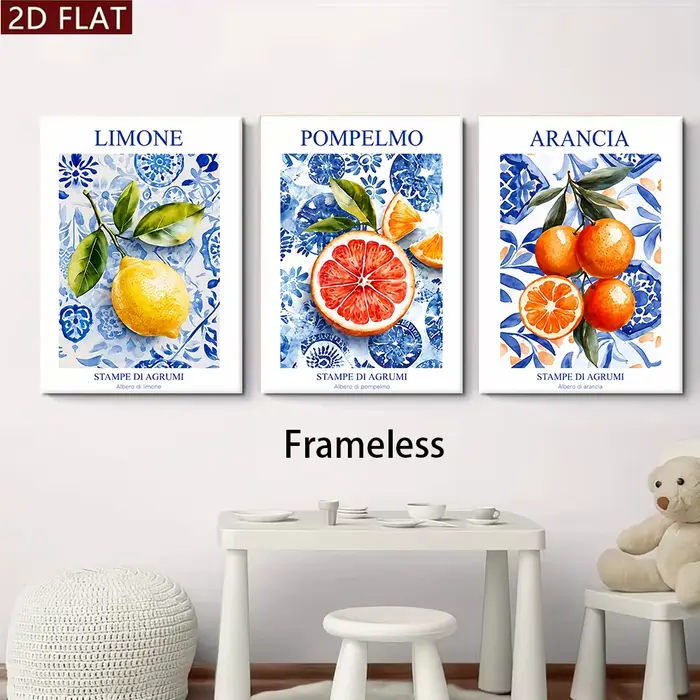 1 ensemble de triptyques décoratifs sans cadre représentant des fruits frais : citron