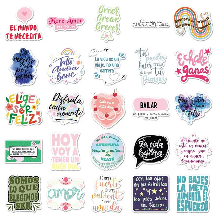 50 autocollants graphiques espagnols inspirants avec des phrases de texte créatives personnalisées pour décorer les téléphones mobiles et les ordinateurs