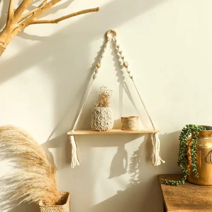 Étagères murales flottantes en macramé en bois, étagère bohème pour plantes, décoration murale rusti