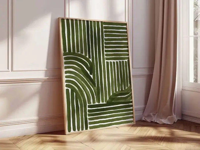 Impression d'art au trait abstrait vert – Affiche géométrique minimaliste moderne