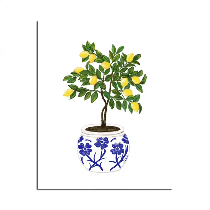 Citron, pot de fleur bleu et blanc, peinture d'agrumes, illustration de fruits, illustration de vase
