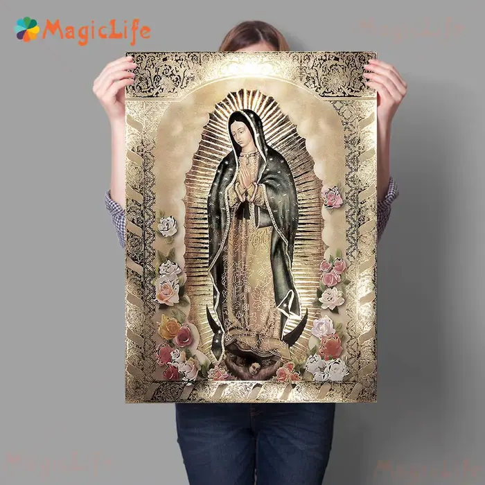Toile d'art mural avec Portrait de Notre-Dame de Guadalupe, peinture vierge et Rose, affiche moderne